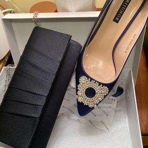 Blue satin shoes, with matching clutch bag